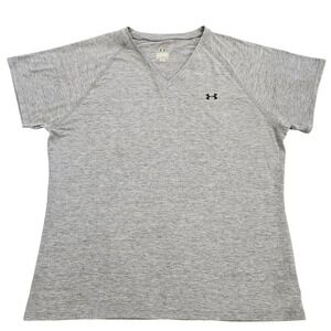 Under Armour Womens Gray Heathered V-Neck Raglan Short Sleeve T-Shirt Size LG